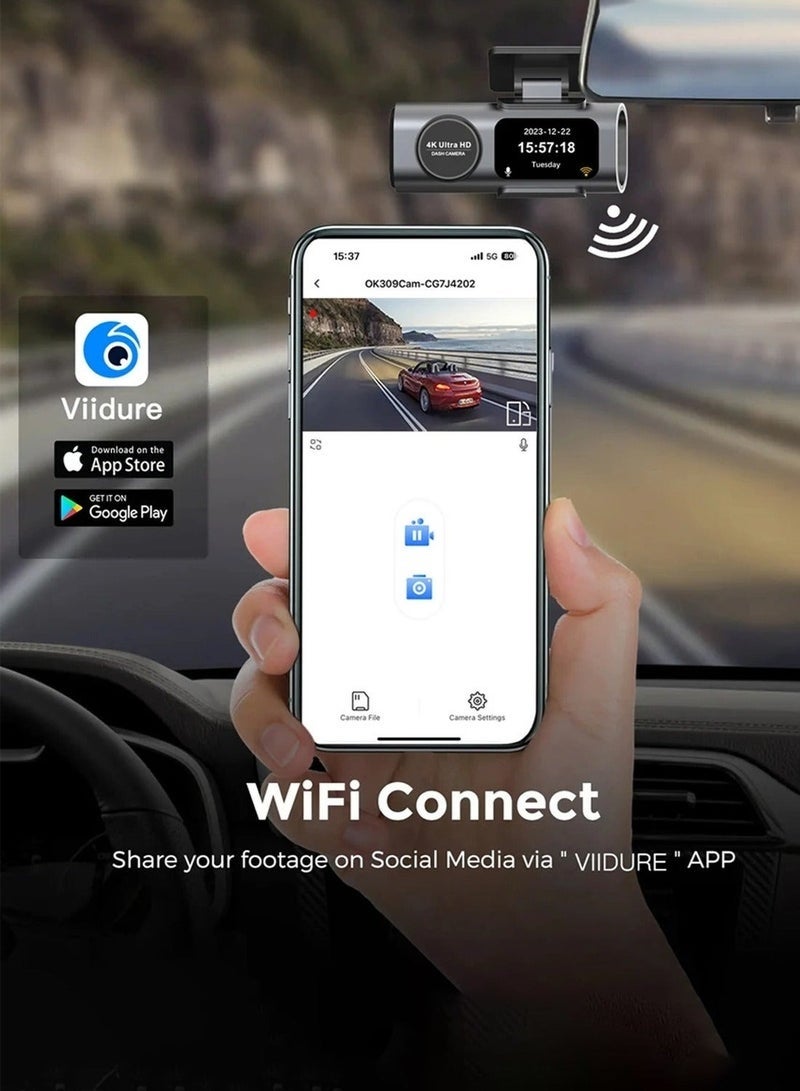 غاز مجموعة كاميرات داش كام بدقة 4K، أمامية بدقة 4K وخلفية بدقة 1080P، مع وحدة GPS وبطاقة ذاكرة بسعة 128 جيجابايت، اتصال واي فاي مدمج بتطبيق الهاتف المحمول - Image 3